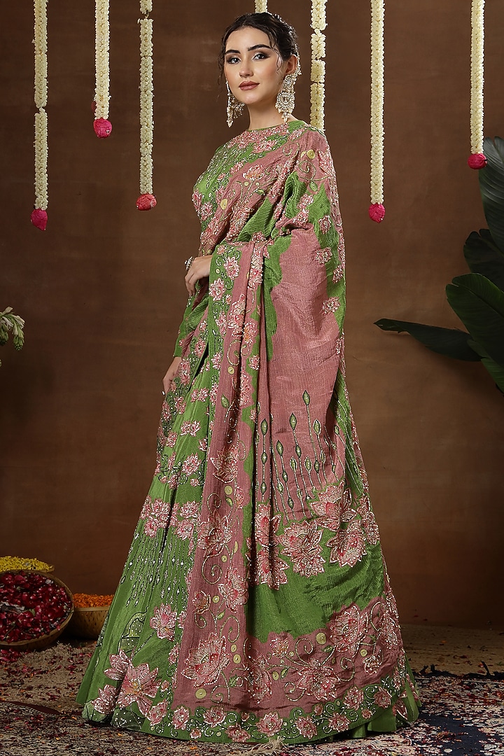 Green Georgette Shimmer Tissue Embroidered Bridal Lehenga Set by Miku Kumar at Pernia's Pop Up Shop