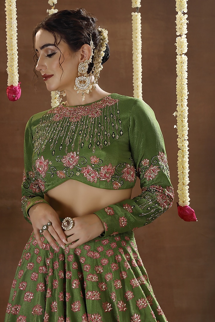 Green Georgette Shimmer Tissue Embroidered Bridal Lehenga Set by Miku Kumar at Pernia's Pop Up Shop