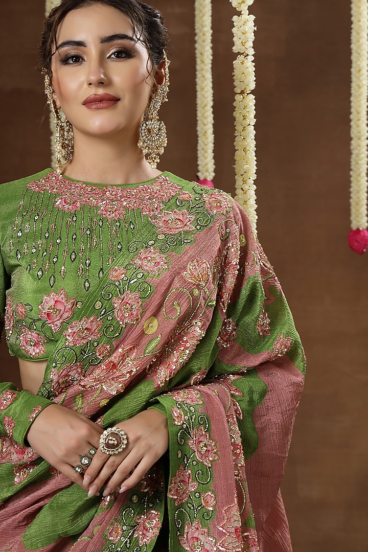 Green Georgette Shimmer Tissue Embroidered Bridal Lehenga Set by Miku Kumar at Pernia's Pop Up Shop