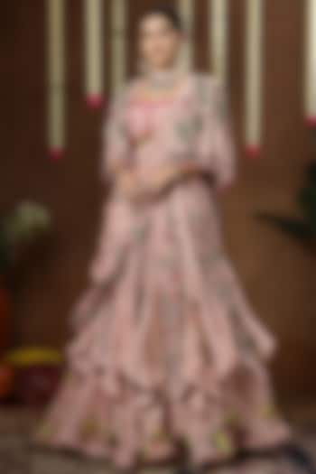 Pink Georgette Shimmer Tissue Embroidered Bridal Lehenga Set by Miku Kumar at Pernia's Pop Up Shop