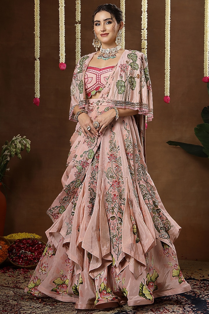 Pink Georgette Shimmer Tissue Embroidered Bridal Lehenga Set by Miku Kumar at Pernia's Pop Up Shop