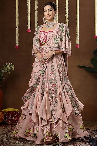 Pink Georgette Shimmer Tissue Embroidered Lehenga Set by Miku Kumar