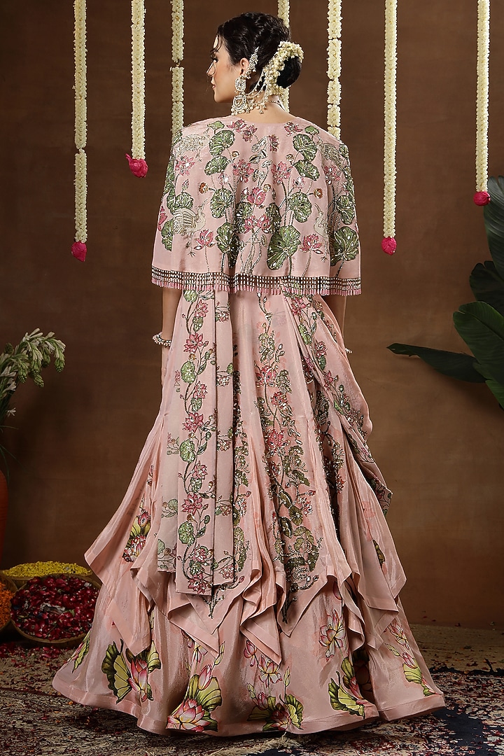 Pink Georgette Shimmer Tissue Embroidered Bridal Lehenga Set by Miku Kumar at Pernia's Pop Up Shop