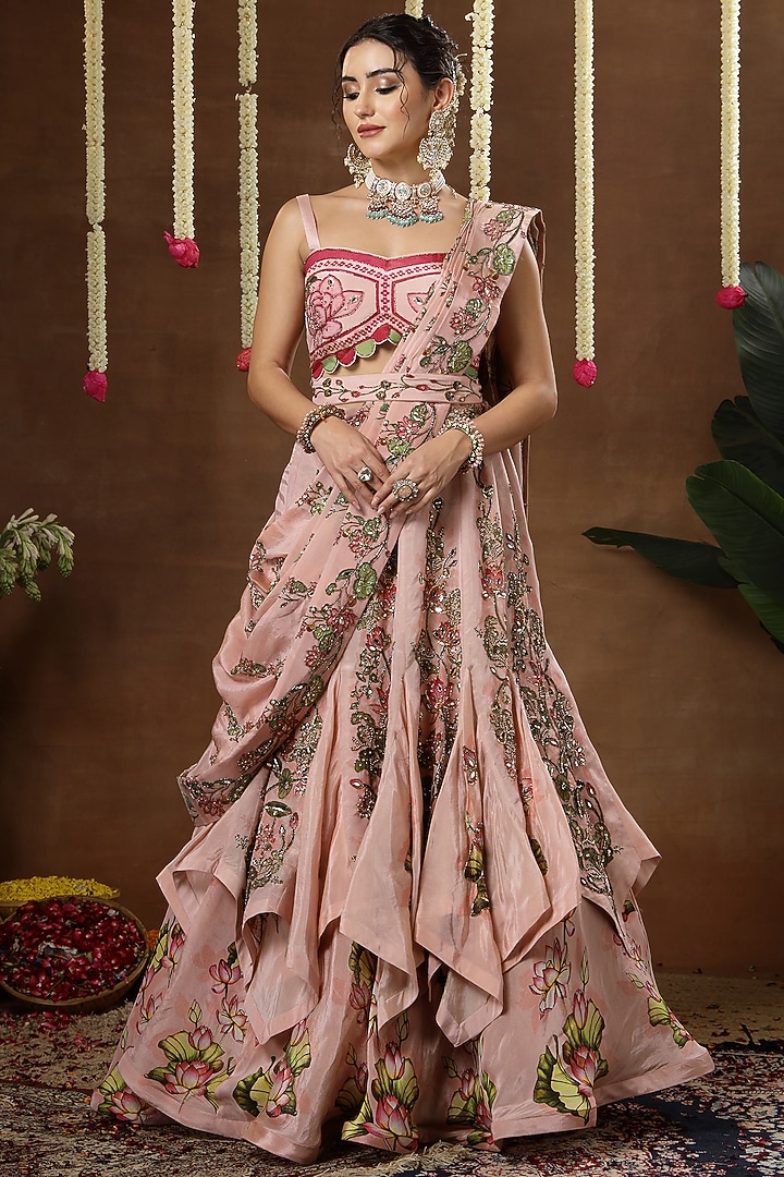 Pink Georgette Shimmer Tissue Embroidered Bridal Lehenga Set by Miku Kumar at Pernia's Pop Up Shop