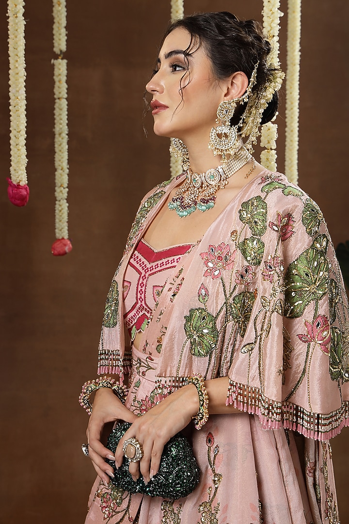 Pink Georgette Shimmer Tissue Embroidered Bridal Lehenga Set by Miku Kumar at Pernia's Pop Up Shop