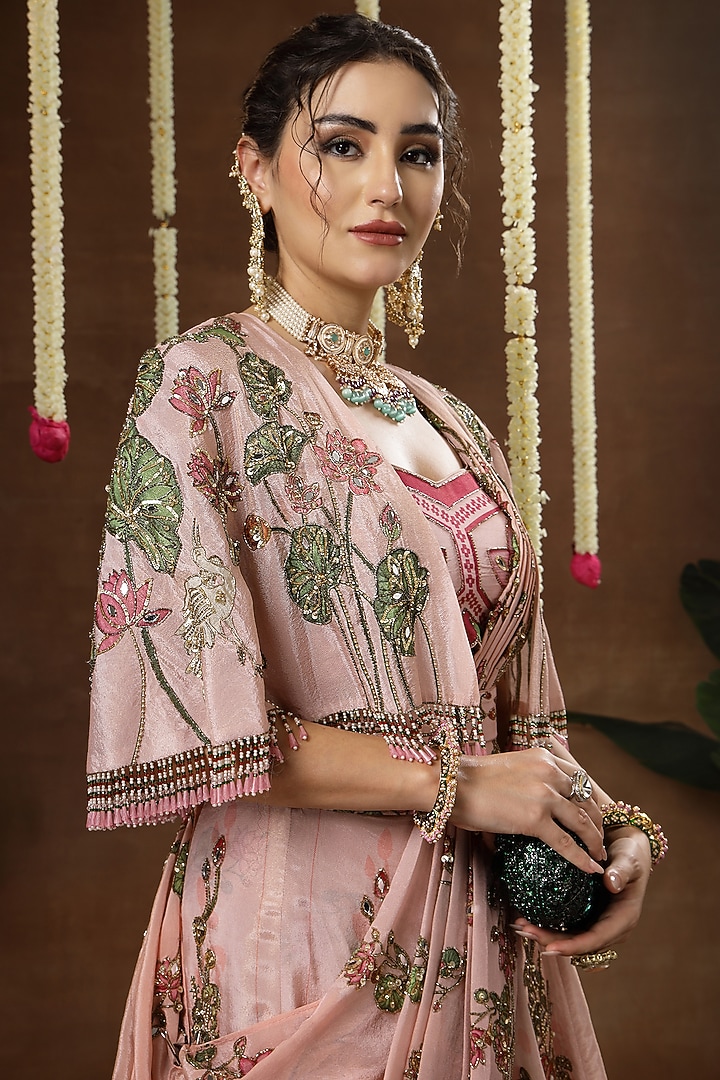 Pink Georgette Shimmer Tissue Embroidered Bridal Lehenga Set by Miku Kumar at Pernia's Pop Up Shop