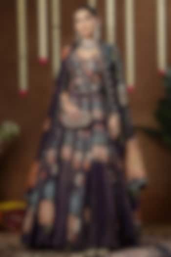 Purple Georgette Shimmer Tissue Motif Embroidered Bridal Lehenga Set by Miku Kumar at Pernia's Pop Up Shop