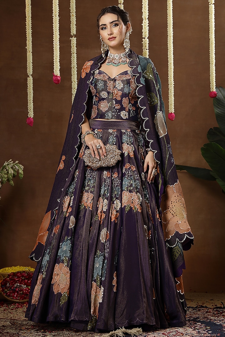 Purple Georgette Shimmer Tissue Motif Embroidered Bridal Lehenga Set by Miku Kumar at Pernia's Pop Up Shop