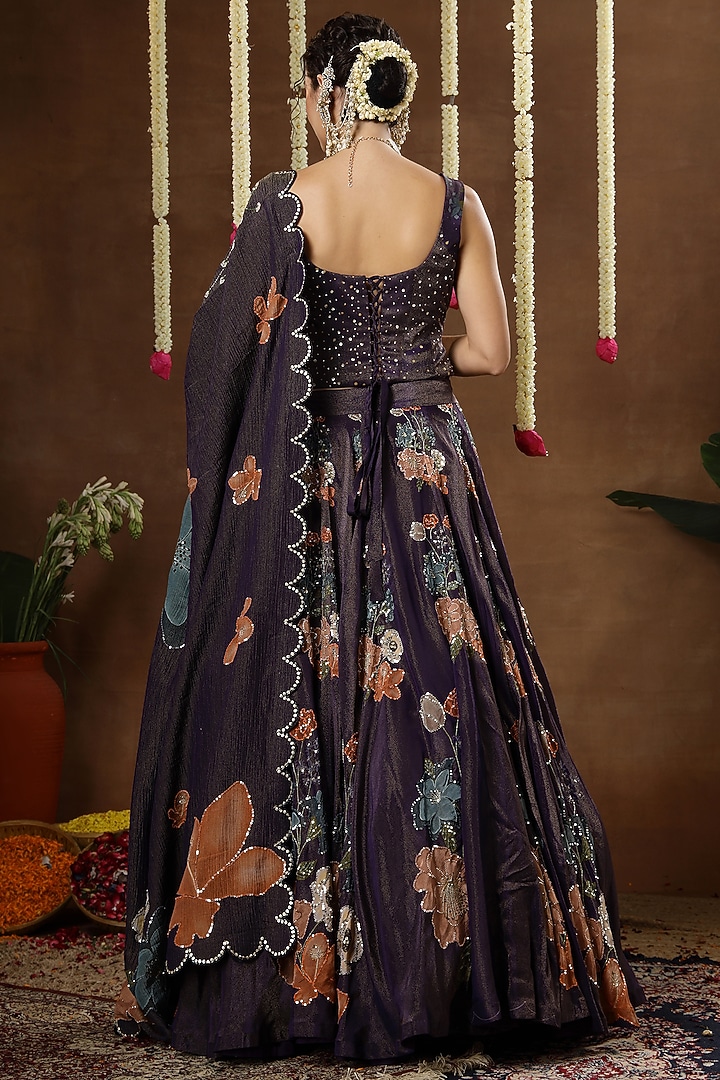 Purple Georgette Shimmer Tissue Motif Embroidered Bridal Lehenga Set by Miku Kumar at Pernia's Pop Up Shop