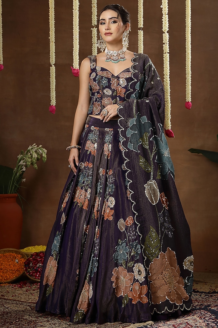 Purple Georgette Shimmer Tissue Motif Embroidered Bridal Lehenga Set by Miku Kumar at Pernia's Pop Up Shop
