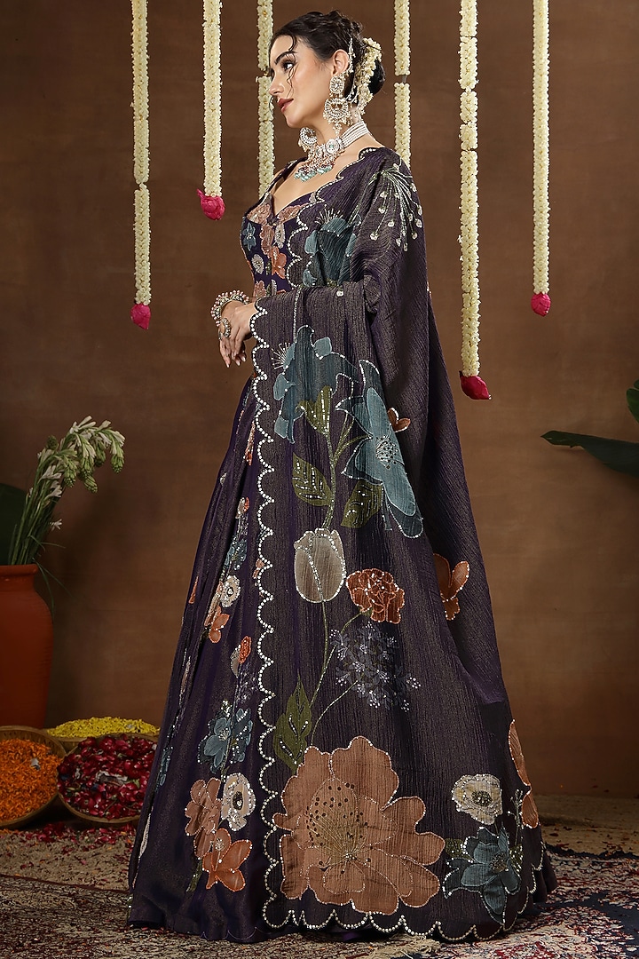 Purple Georgette Shimmer Tissue Motif Embroidered Bridal Lehenga Set by Miku Kumar at Pernia's Pop Up Shop