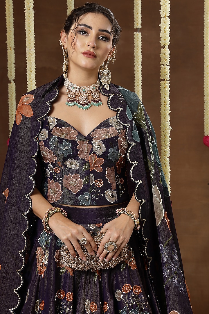 Purple Georgette Shimmer Tissue Motif Embroidered Bridal Lehenga Set by Miku Kumar at Pernia's Pop Up Shop