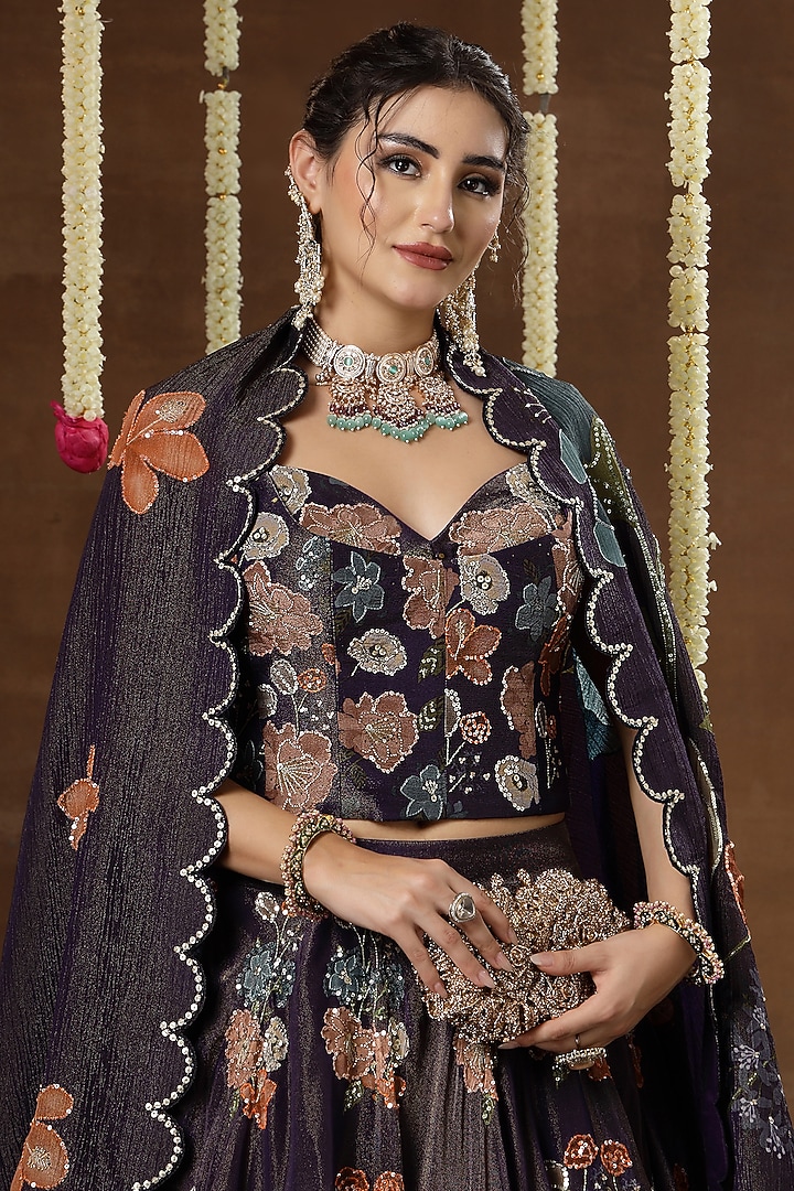 Purple Georgette Shimmer Tissue Motif Embroidered Bridal Lehenga Set by Miku Kumar at Pernia's Pop Up Shop