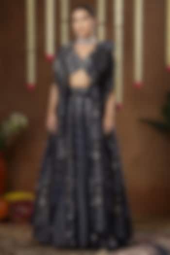 Blue Georgette Shimmer Tissue Hand Embroidered Wedding Lehenga Set by Miku Kumar at Pernia's Pop Up Shop