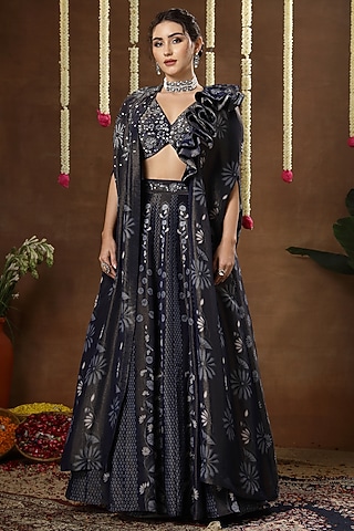 Blue Georgette Shimmer Tissue Hand Embroidered Lehenga Set by Miku Kumar