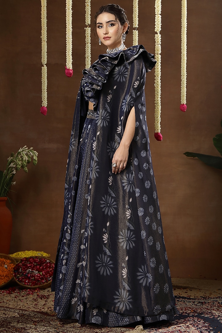Blue Georgette Shimmer Tissue Hand Embroidered Wedding Lehenga Set by Miku Kumar at Pernia's Pop Up Shop