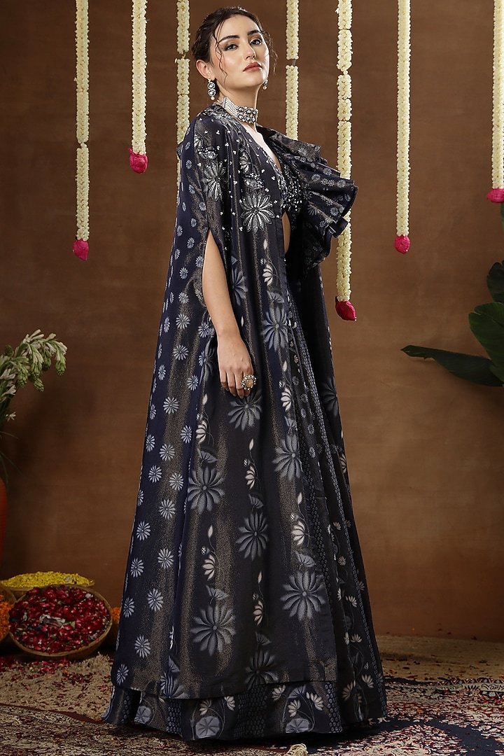 Blue Georgette Shimmer Tissue Hand Embroidered Wedding Lehenga Set by Miku Kumar at Pernia's Pop Up Shop