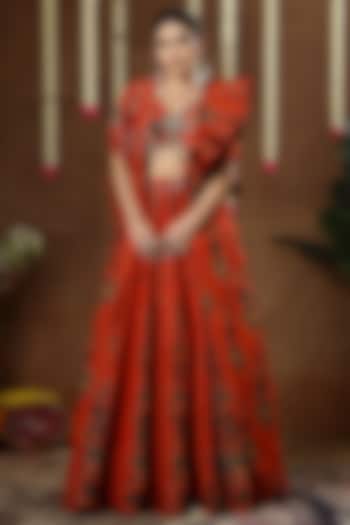 Orange Georgette Shimmer Tissue Hand Embroidered Wedding Lehenga Set by Miku Kumar at Pernia's Pop Up Shop