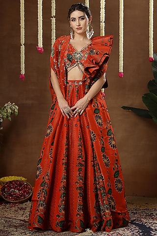 Orange Georgette Shimmer Tissue Hand Embroidered Lehenga Set by Miku Kumar