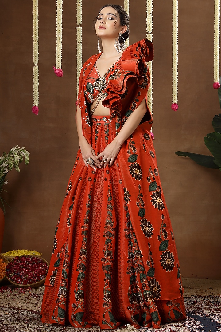 Orange Georgette Shimmer Tissue Hand Embroidered Wedding Lehenga Set by Miku Kumar at Pernia's Pop Up Shop