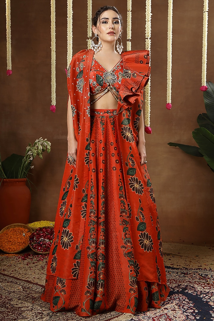 Orange Georgette Shimmer Tissue Hand Embroidered Wedding Lehenga Set by Miku Kumar at Pernia's Pop Up Shop