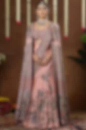 Peach Georgette Shimmer Tissue Hand Embroidered Bridal Lehenga Set by Miku Kumar at Pernia's Pop Up Shop