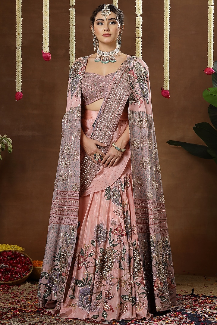Peach Georgette Shimmer Tissue Hand Embroidered Bridal Lehenga Set by Miku Kumar at Pernia's Pop Up Shop