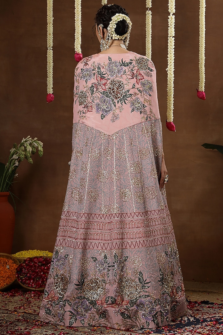 Peach Georgette Shimmer Tissue Hand Embroidered Bridal Lehenga Set by Miku Kumar at Pernia's Pop Up Shop