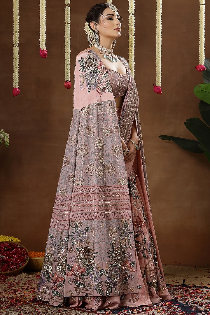 Peach Georgette Shimmer Tissue Hand Embroidered Bridal Lehenga Set by Miku Kumar at Pernia's Pop Up Shop
