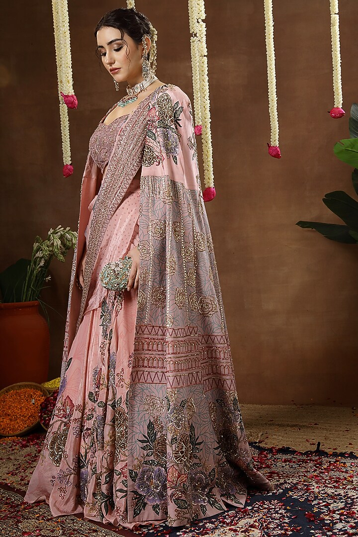 Peach Georgette Shimmer Tissue Hand Embroidered Bridal Lehenga Set by Miku Kumar at Pernia's Pop Up Shop