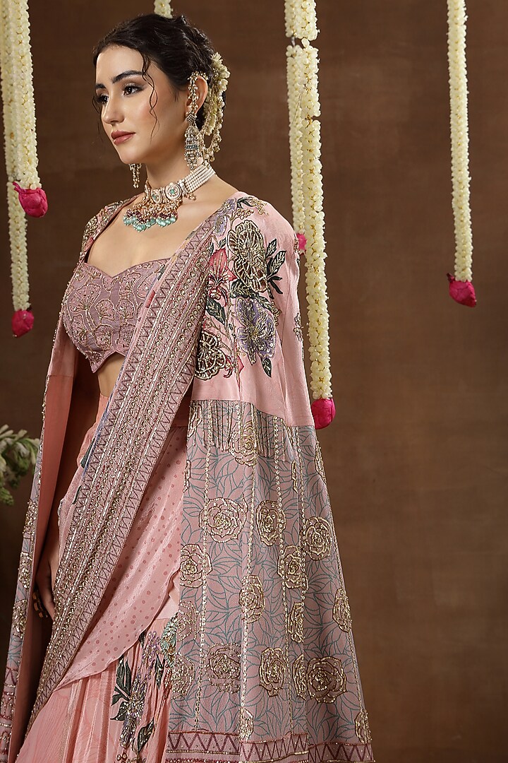 Peach Georgette Shimmer Tissue Hand Embroidered Bridal Lehenga Set by Miku Kumar at Pernia's Pop Up Shop