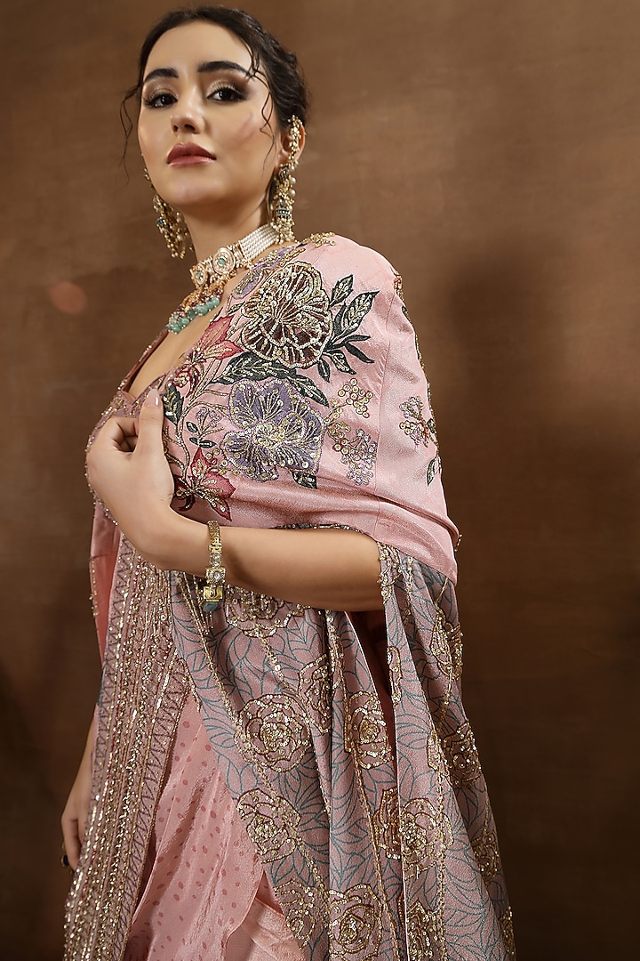 Peach Georgette Shimmer Tissue Hand Embroidered Bridal Lehenga Set by Miku Kumar at Pernia's Pop Up Shop