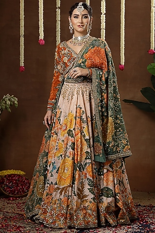 Ivory & Green Georgette Shimmer Tissue Printed Lehenga Set by Miku Kumar