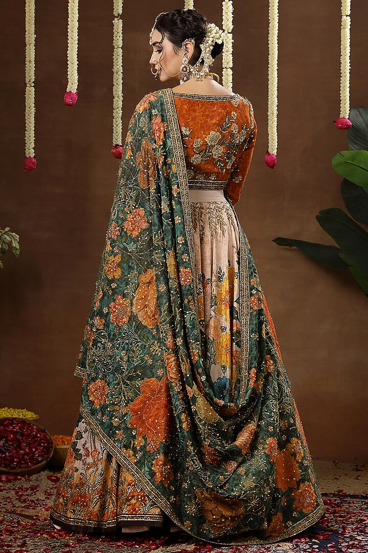 Ivory & Green Georgette Shimmer Tissue Printed Bridal Lehenga Set by Miku Kumar at Pernia's Pop Up Shop