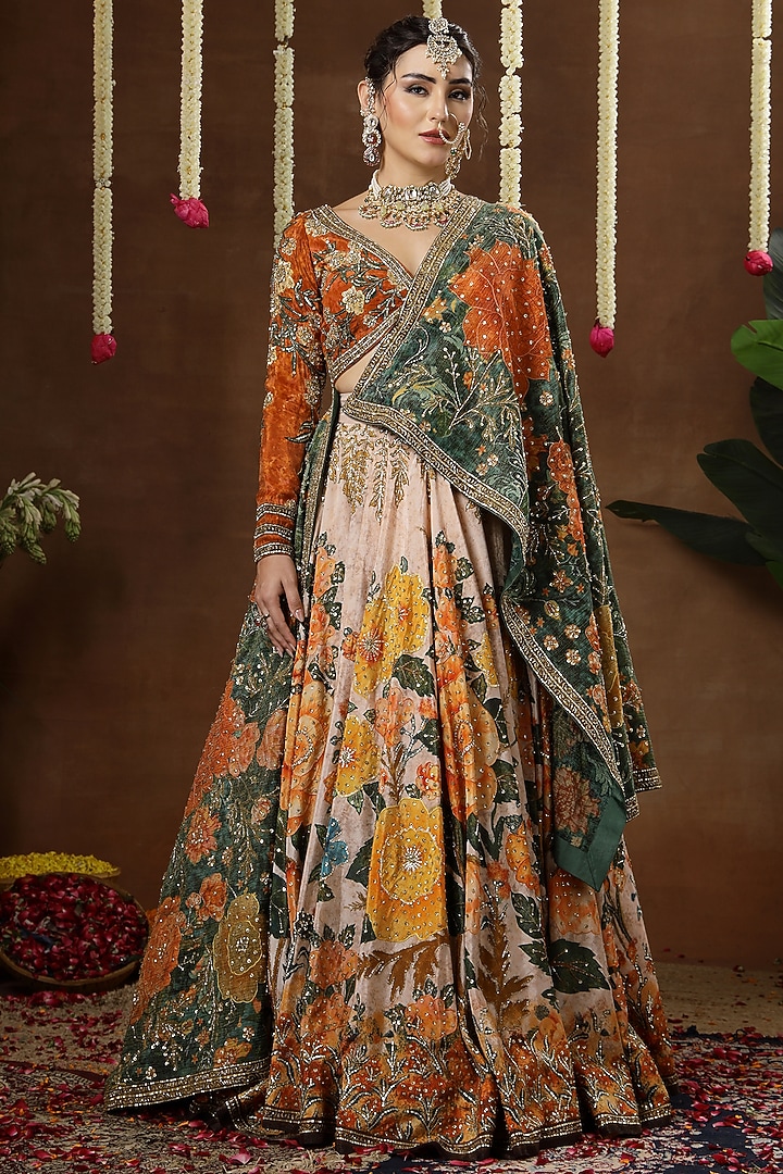 Ivory & Green Georgette Shimmer Tissue Printed Bridal Lehenga Set by Miku Kumar at Pernia's Pop Up Shop