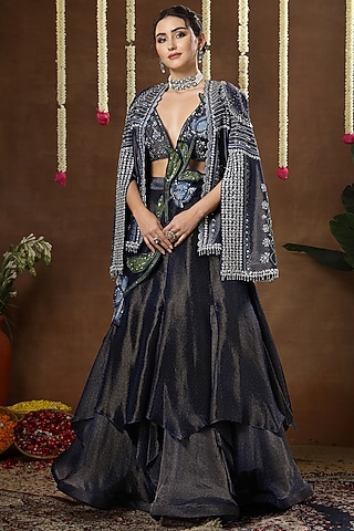 Blue Georgette Shimmer Tissue Embroidered Jacket Lehenga Set by Miku Kumar