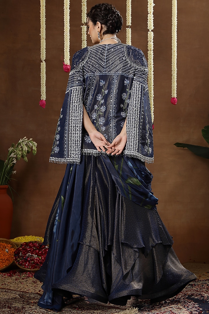 Blue Georgette Shimmer Tissue Embroidered Jacket Wedding Lehenga Set by Miku Kumar at Pernia's Pop Up Shop