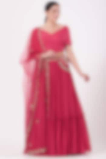 Coral Red Embroidered Layered Wedding Lehenga Set by Miku Kumar at Pernia's Pop Up Shop