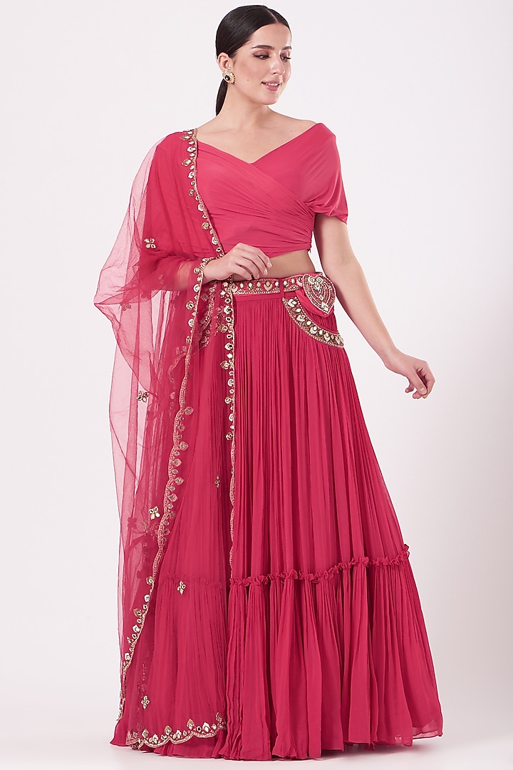 Coral Red Embroidered Layered Wedding Lehenga Set by Miku Kumar at Pernia's Pop Up Shop