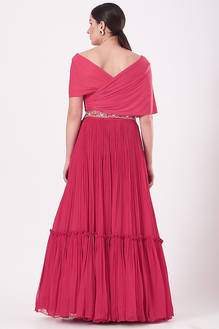 Coral Red Embroidered Layered Wedding Lehenga Set by Miku Kumar at Pernia's Pop Up Shop