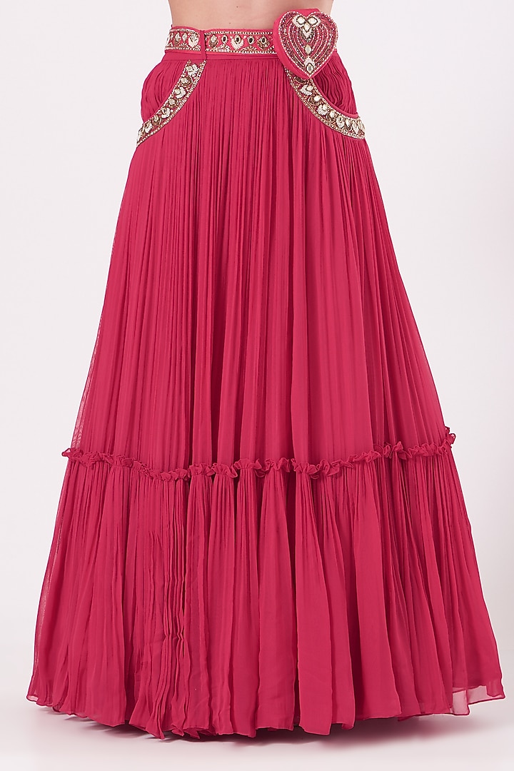 Coral Red Embroidered Layered Wedding Lehenga Set by Miku Kumar at Pernia's Pop Up Shop