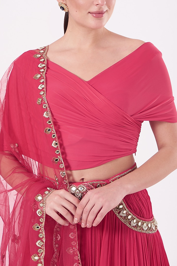 Coral Red Embroidered Layered Wedding Lehenga Set by Miku Kumar at Pernia's Pop Up Shop