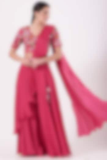 Hot Pink Modal Silk Palazzo Pant Saree Set by Miku Kumar