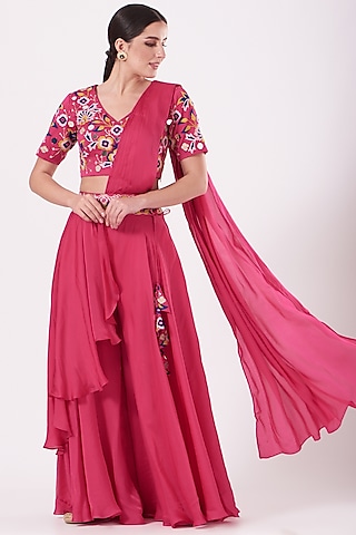 Hot Pink Modal Silk Mirror Embroidered Palazzo Pant Saree Set by Miku Kumar