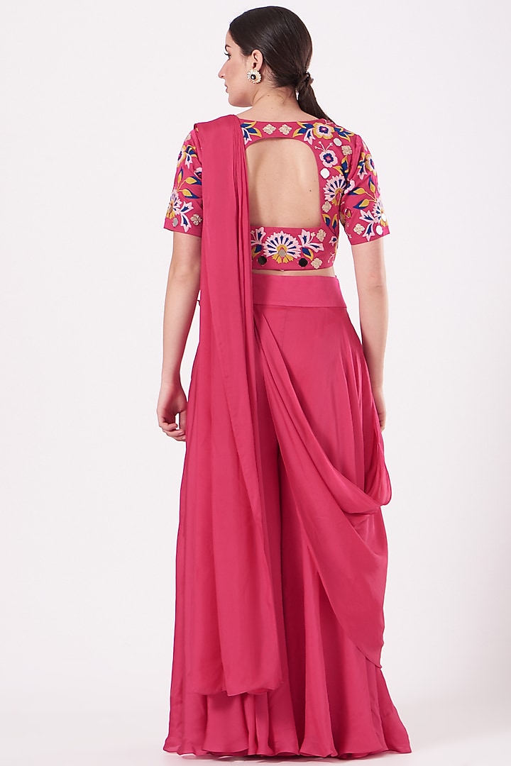 Hot Pink Modal Silk Mirror Embroidered Palazzo Pant Wedding Saree Set by Miku Kumar at Pernia's Pop Up Shop