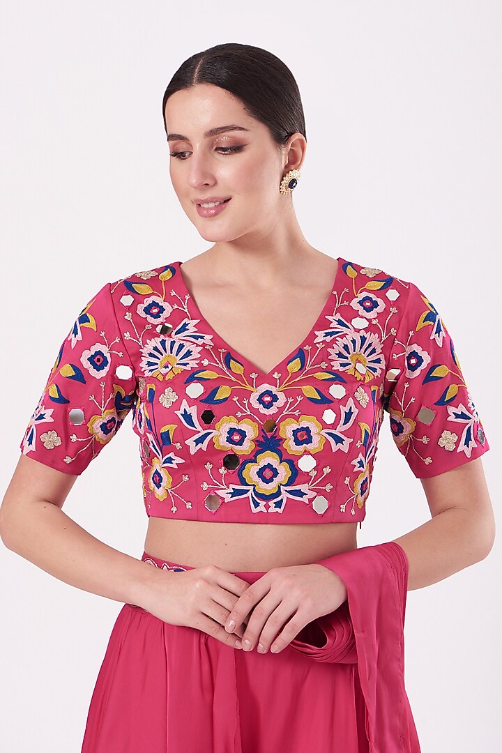 Hot Pink Modal Silk Mirror Embroidered Palazzo Pant Wedding Saree Set by Miku Kumar at Pernia's Pop Up Shop