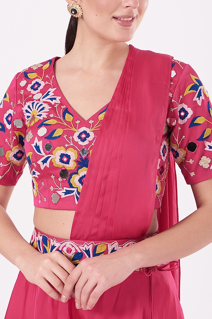 Hot Pink Modal Silk Mirror Embroidered Palazzo Pant Wedding Saree Set by Miku Kumar at Pernia's Pop Up Shop