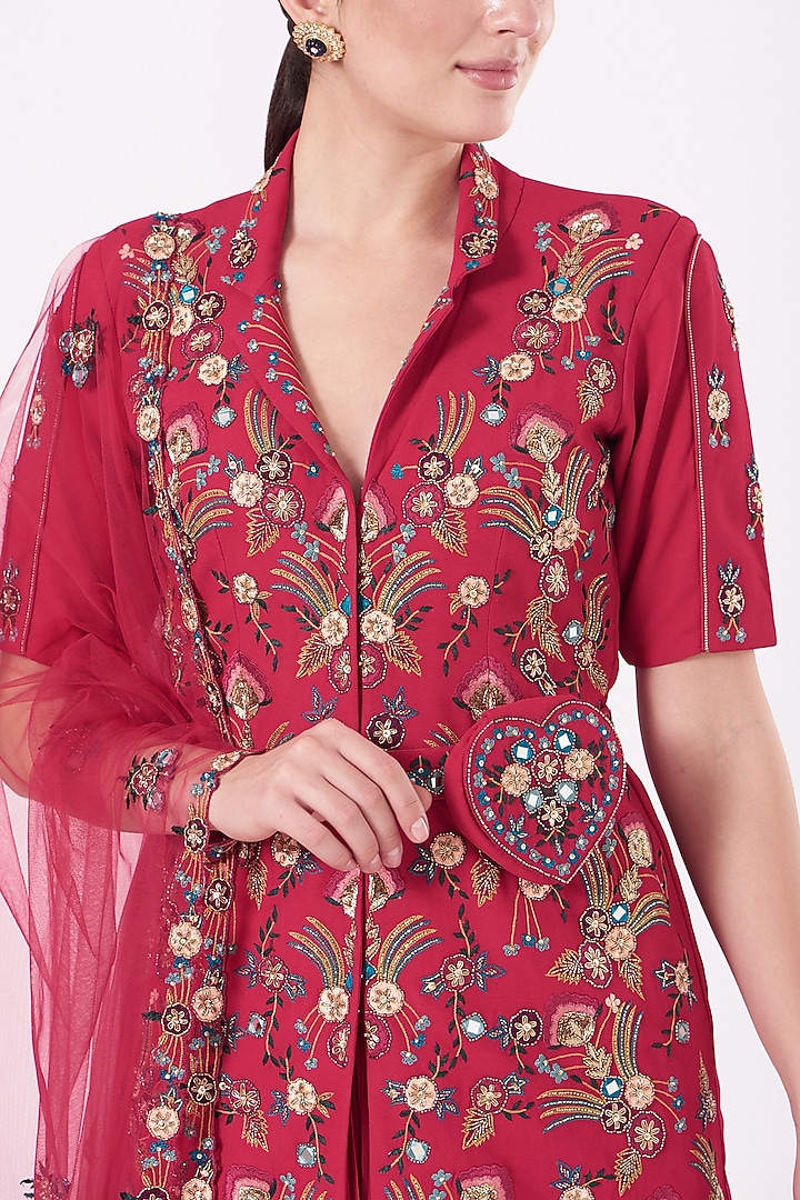 Burnt Red Embroidered Jacket Wedding Lehenga Set by Miku Kumar at Pernia's Pop Up Shop