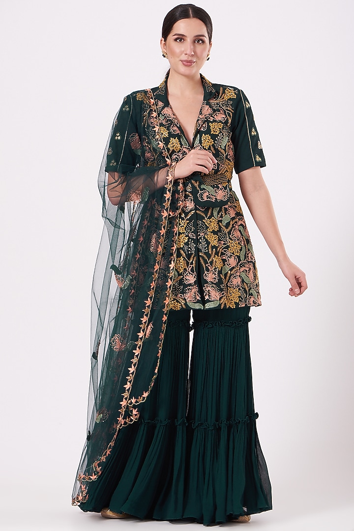 Rama Green Georgette Gharara Set by Miku Kumar at Pernia's Pop Up Shop