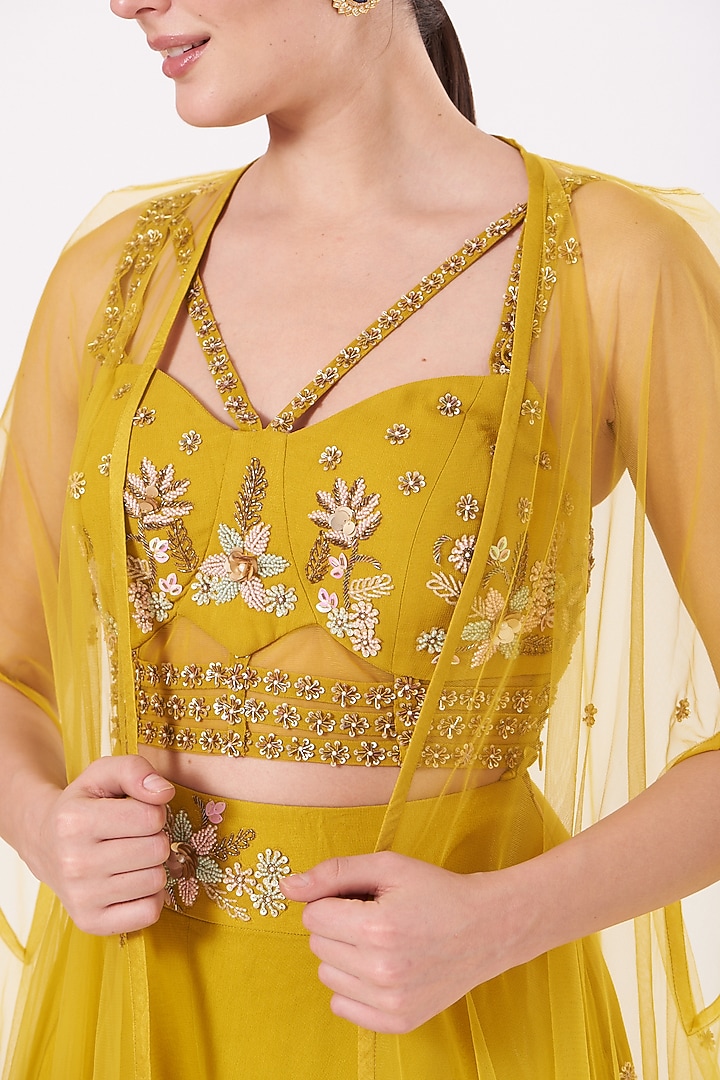 Aurora Yellow Georgette & Net Cape Set by Miku Kumar at Pernia's Pop Up Shop